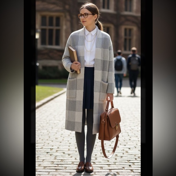 Cyrus Sweaters - Cyrus Plaid Coatigan Cardigan White‎ Gray Long Teacher Career Office Pocket S